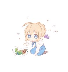 Rule 34 | 1girl, ahoge, arm up, artoria pendragon (all), artoria pendragon (fate), black pantyhose, blonde hair, blue bow, blue bowtie, blue eyes, blue skirt, blush stickers, bow, bowtie, caterpillar, chibi, collared shirt, fate/stay night, fate (series), flying sweatdrops, full body, hair between eyes, hair bow, hair bun, looking down, machi (uqyjee), open mouth, pantyhose, puffy short sleeves, puffy sleeves, purple bow, saber (fate), seiza, shirt, short hair, short sleeves, sidelocks, simple background, sitting, skirt, sweatdrop, white background