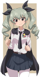 Rule 34 | 1girl, anchovy (girls und panzer), anzio school uniform, artist request, black necktie, black ribbon, breasts, brown eyes, drill hair, girls und panzer, green hair, hair ribbon, highres, light smile, lips, long hair, looking at viewer, medium breasts, necktie, ribbon, school uniform, shirt, simple background, skirt, smile, solo, twin drills, twintails