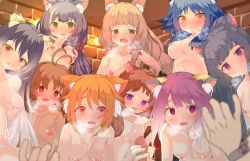 Rule 34 | 1boy, 6+girls, :o, acorn hair ornament, ahoge, animal ear fluff, animal ears, antenna hair, armpit crease, blue eyes, blue hair, blunt bangs, blush, bob cut, bow, braid, breasts, breasts apart, breath, brick wall, brown eyes, brown hair, censored, cleavage, closed mouth, collarbone, commentary request, completely nude, covering nipples, covering privates, cuffs, d:, ear armor, earrings, erection, everyone, eyes visible through hair, fang, fang out, flipped hair, frown, glands of montgomery, gradient hair, green eyes, grey hair, hair bow, hair flaps, hair over eyes, hand on own chest, hand on own shoulder, handjob, harem, heart, heart-shaped pupils, hetero, high ponytail, highres, hiyori (princess connect!), in heat, indoors, jewelry, kaori (princess connect!), karyl (princess connect!), kasumi (princess connect!), large breasts, looking at penis, looking at viewer, maho (princess connect!), makoto (princess connect!), medium breasts, medium hair, mosaic censoring, multicolored hair, multiple girls, navel, nipples, nude, open mouth, orange hair, penis, penis awe, perky breasts, pov, pov hands, princess connect!, puffy nipples, purple eyes, purple hair, red bow, rin (princess connect!), shackles, shiori (princess connect!), short hair, short hair with long locks, sidelocks, single braid, small breasts, smile, split mouth, streaked hair, sukuda mizuo, swept bangs, symbol-shaped pupils, tamaki (princess connect!), twintails, two-tone hair, wavy mouth, white hair, yellow eyes, you gonna get raped
