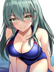 Rule 34 | 1girl, aqua eyes, aqua hair, blue one-piece swimsuit, breasts, cleavage, collarbone, commentary, competition swimsuit, covered navel, dated, hair ornament, hairclip, highleg, highleg swimsuit, highres, kantai collection, large breasts, long hair, looking at viewer, montemasa, multicolored clothes, multicolored swimsuit, one-piece swimsuit, sitting, suzuya (kancolle), swimsuit, twitter username, two-tone swimsuit