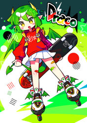 Rule 34 | 1girl, absurdres, bandages, blush stickers, brown eyes, character name, draco centauros, dragon girl, dragon horns, dragon tail, dragon wings, fang, green hair, highres, holding, holding skateboard, hood, hoodie, horns, long sleeves, offbeat, open mouth, pleated skirt, puyopuyo, red hoodie, roller skates, short hair, skateboard, skates, skirt, solo, tail, white skirt, wings