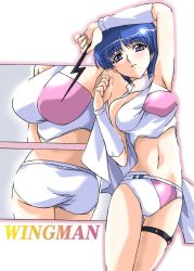 Rule 34 | 1980s (style), 1girl, armpits, ass, blue hair, breasts, copyright name, crop top, medium breasts, midriff, retro artstyle, retro artstyle, short hair, solo, thigh gap, thigh strap, thighs, wingman, yume aoi