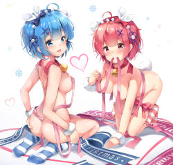 Rule 34 | 2girls, absurdres, ahoge, all fours, ass, bare legs, bell, between buttocks, blue eyes, blue hair, blue legwear, blue ribbon, blush, bow, breasts, commentary request, fang, female focus, from behind, hair bow, hair ornament, hair over one eye, hair ribbon, hand on own ass, highres, kneeling, large breasts, looking at viewer, maid headdress, matching hair/eyes, merry christmas, multiple girls, nude, open mouth, pedo0201, pink bow, pink eyes, pink hair, pink ribbon, purple ribbon, rabbit tail, ram (re:zero), re:zero kara hajimeru isekai seikatsu, rem (re:zero), ribbon, short hair, siblings, simple background, sisters, skin fang, smile, socks, striped clothes, striped legwear, striped socks, tail, topless, white background, white legwear, x hair ornament