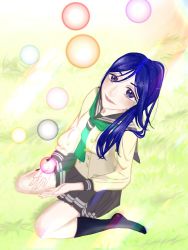 Rule 34 | 1girl, artist name, artist request, bare legs, black legwear, blue hair, blush, breasts, bubble, buttons, collarbone, female focus, full body, grass, green neckerchief, green necktie, grey sailor collar, grey skirt, hair between eyes, hair over shoulder, high ponytail, layered skirt, long hair, long sleeves, looking at viewer, love live!, love live! sunshine!!, matsuura kanan, miniskirt, neckerchief, necktie, no shoes, on grass, outdoors, parted lips, plaid, plaid skirt, pleated, pleated skirt, ponytail, purple eyes, sailor collar, school uniform, shirt, skirt, small breasts, smile, solo, tie clip, uranohoshi school uniform, white shirt