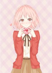 Rule 34 | 1girl, belt, braid, brown skirt, checkered background, date a live, gift, heart, holding, holding gift, jacket, looking at viewer, pink eyes, pink hair, red jacket, shirt, short hair, skirt, smile, solo, sonogami rinne, white shirt, whitel (zou tukasaki)