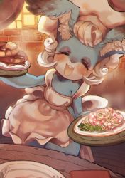 Rule 34 | 1girl, animal ears, apron, rabbit, closed eyes, food, furry, furry female, hat, holding, odin (odin sphere), odin sphere, open mouth, pancake, pasta, pooka (odin sphere), rabbit ears, rikose, round teeth, short hair, shrimp, solo, steam, teeth, tray, white hair