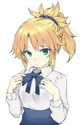 Rule 34 | 1girl, adjusting clothes, artoria pendragon (all), artoria pendragon (fate), blonde hair, blue ribbon, blue scrunchie, blue skirt, braid, commentary request, cosplay, fate/apocrypha, fate/grand order, fate/stay night, fate (series), french braid, frown, gedou (ge ge gedou), green eyes, hair ornament, hair scrunchie, highres, long hair, long sleeves, looking at viewer, mordred (fate), mordred (fate/apocrypha), ponytail, ribbon, saber (fate), saber (fate) (cosplay), scrunchie, shirt, skirt, upper body, white background, white shirt