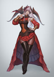 Rule 34 | 1girl, bat (animal), boots, breasts, commentary request, demon horns, detached sleeves, earrings, elezen, elf, final fantasy, final fantasy xiv, fishnet pantyhose, fishnets, grey background, grey hair, hand on own hip, high heel boots, high heels, highres, horns, jewelry, long hair, looking at viewer, medium breasts, multiple horns, pantyhose, pointy ears, red nails, signature, solo, thigh boots, udongo99, warrior of light (ff14)