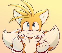 Rule 34 | 1boy, animal ears, blue eyes, clenched hands, fox boy, fox ears, fox tail, furry, furry male, gloves, hera souflee, highres, male focus, multiple tails, smile, solo, sonic (series), tail, tails (sonic), two tails, white gloves