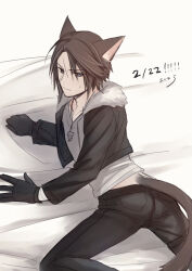 Rule 34 | 1boy, animal ears, belt, black belt, black gloves, black jacket, black pants, blue eyes, brown hair, cat boy, cat day, cat ears, cat tail, clenched hand, commentary request, cropped jacket, dated, final fantasy, final fantasy viii, fur-trimmed jacket, fur trim, gloves, hiryuu (kana h), jacket, jewelry, looking back, male focus, midriff peek, necklace, on bed, open clothes, open jacket, pants, scar, scar on face, serious, shirt, short hair, signature, solo, squall leonhart, sweatdrop, tail, upper body, v-neck, white background, white shirt