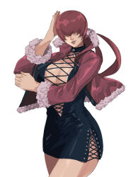 Rule 34 | 1girl, absurdres, black dress, breasts, cleavage, cleavage cutout, clothing cutout, cropped jacket, dress, fingernails, hair over eyes, highres, jacket, large breasts, lips, long hair, open clothes, open jacket, ponytail, red hair, red lips, sep rina, shermie (kof), short dress, side slit, simple background, snk, solo, split ponytail, the king of fighters, the king of fighters &#039;97, the king of fighters xv, white background