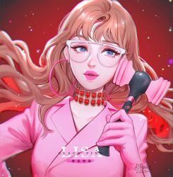 Rule 34 | 1girl, blackpink, blue eyes, close-up, commentary, earrings, english commentary, gloves, jacket, jewelry, lisa (blackpink), long hair, looking to the side, necklace, pink gloves, pink jacket, pink lips, ravee of titans, red background, solo, upper body