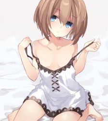 Rule 34 | 1girl, bare shoulders, blanc (neptunia), blue eyes, breasts, brown hair, buran buta, collarbone, dress, expressionless, highres, holding strap, neptune (series), off shoulder, short hair, simple background, small breasts, solo, spaghetti strap, white dress