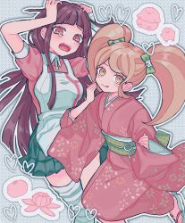 Rule 34 | 2girls, :q, apron, arms up, bad id, bad twitter id, bandaged leg, bandages, black skirt, blush, blush stickers, bow, breasts, cat hair ornament, collared shirt, danganronpa (series), danganronpa 2: goodbye despair, green bow, hair bow, hair ornament, heart, highres, japanese clothes, kimono, large breasts, long hair, long sleeves, multiple girls, orange eyes, pink eyes, pink kimono, pink shirt, pisapipi, pleated skirt, puffy short sleeves, puffy sleeves, saionji hiyoko, shirt, short sleeves, skirt, teeth, tongue, tongue out, tsumiki mikan, twintails, upper teeth only, white apron