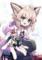 Rule 34 | 1girl, ahoge, among us, animal ear fluff, animal ears, arknights, artist name, black bracelet, black choker, blue shirt, choker, cloak, coat, crewmate (among us), cross, fox ears, fox girl, fox tail, gloves, highres, infection monitor (arknights), jacket, kneeling, looking at viewer, material growth, medic, open cloak, open clothes, open hand, open mouth, oripathy lesion (arknights), outstretched arms, pun, red cross, shirt, short hair, sleepyowl (jobkung15), smile, sparkle, sussurro (arknights), tail, white coat, white gloves, white jacket