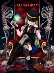 Rule 34 | 1girl, absurdres, alina gray, armchair, black bow, black footwear, black hat, black vest, blue butterfly, bow, bug, butterfly, chair, character name, crossed legs, fishnet thighhighs, fishnets, flower, fold-over boots, full body, fur-trimmed thighhighs, fur cuffs, fur trim, gem, green gemstone, green hair, hair between eyes, hand on own cheek, hand on own face, hat, head rest, highres, insect, looking at viewer, magia record: mahou shoujo madoka magica gaiden, magical girl, mahou shoujo madoka magica, multicolored clothes, multicolored skirt, orange flower, peaked cap, pink flower, pleated skirt, puffy short sleeves, puffy sleeves, red flower, sakaemdg, see-through, see-through sleeves, short sleeves, sitting, skeleton, skirt, skull, sleeve cuffs, smile, solo, straight hair, striped clothes, striped skirt, thighhighs, throne, v-neck, vertical-striped clothes, vertical-striped skirt, vest, waist bow, white sleeves, yellow flower