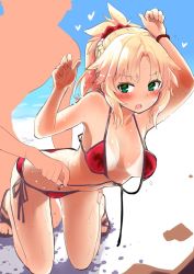 Rule 34 | 1boy, 1girl, against fourth wall, arms up, assisted exposure, bent over, bikini, bikini tan, blonde hair, blush, breasts, fang, fate/grand order, fate (series), front-tie bikini top, front-tie top, green eyes, hair ornament, heart, kneeling, medium breasts, mordred (fate), mordred (fate) (all), mordred (fate/apocrypha), mordred (swimsuit rider) (fate), mordred (swimsuit rider) (first ascension) (fate), mozu (peth), navel, open mouth, red bikini, sandals, short hair, side-tie bikini bottom, swimsuit, tan, tanline, untying, wet, wristband
