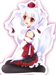 Rule 34 | 1girl, animal ears, breasts, character cutout, detached sleeves, dress, fang, frills, hat, highres, inubashiri momiji, naru424, open mouth, profile, red eyes, seiza, short hair, simple background, sitting, solo, tail, thighhighs, tokin hat, touhou, white hair, wolf ears, wolf tail
