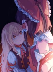 Rule 34 | 2girls, black hair, black vest, blonde hair, bound, bound arms, bow, braid, commentary request, detached sleeves, frilled bow, frilled hair tubes, frills, hair bow, hair tubes, hakurei reimu, highres, holding, holding leash, kirisame marisa, leash, long hair, multiple girls, no headwear, open mouth, red bow, short sleeves, side braid, single braid, tears, touhou, vest, white bow, yandere, yellow eyes, yomogi 9392, yuri