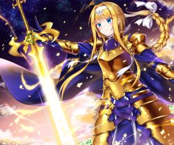 Rule 34 | 1girl, absurdres, alice zuberg, armor, armored dress, blonde hair, blue eyes, blue gloves, blush, bow, braid, braided ponytail, closed mouth, dress, dutch angle, faulds, floating hair, from below, gloves, glowing, gold armor, hair bow, hair intakes, hairband, highres, holding, holding sword, holding weapon, huge filesize, long hair, night, night sky, niyun (n niyu), osmanthus blade, pauldrons, ponytail, reaching, shoulder armor, sky, smile, solo, star (sky), starry sky, sword, sword art online, sword art online: alicization, very long hair, weapon, white bow, white hairband, yellow dress