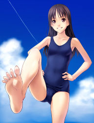 Rule 34 | 1girl, absurdres, barefoot, black hair, brown eyes, cloud, contrail, covered navel, day, feet, foot focus, grin, hands on own hips, highres, long hair, norizou type-r, one-piece swimsuit, original, school swimsuit, sky, smile, soles, solo, spread toes, swimsuit, toenails, toes