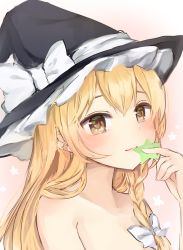 Rule 34 | 1girl, black hat, blonde hair, blush, bow, braid, breasts, commentary request, cropped torso, ear piercing, gradient background, hair between eyes, hair bow, hair censor, hand up, hat, hat bow, highres, holding, karasusou nano, kirisame marisa, long hair, looking at viewer, nude, piercing, pink background, single braid, small breasts, smile, solo, star (symbol), touhou, upper body, white background, white bow, witch hat, yellow eyes