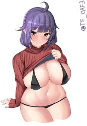 Rule 34 | 1girl, ahoge, bikini, black bikini, breasts, cleavage, clothes lift, cowboy shot, cropped legs, hair flaps, highres, kantai collection, large breasts, low twintails, lowleg, lowleg bikini, micro bikini, one-hour drawing challenge, purple hair, red eyes, red sweater, ribbed sweater, simple background, solo, sweater, sweater lift, swimsuit, taigei (kancolle), tf cafe, twintails, twitter username, white background