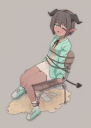 Rule 34 | 1girl, aqua cardigan, aqua footwear, arms at sides, bdsm, black horns, black ribbon, blush, bob cut, bondage, bound, bound ankles, bound arms, breasts, brown hair, cardigan, chair, choco (rune (dualhart)), collared shirt, cross-laced footwear, dark-skinned female, dark skin, demon girl, demon tail, ear blush, embarrassed, female focus, full body, gradient background, green eyes, grey background, hair intakes, half-closed eye, highres, horns, knees together feet apart, long sleeves, looking at viewer, miniskirt, neck ribbon, nose blush, one eye closed, open cardigan, open clothes, open mouth, original, pee, peeing, peeing self, pencil skirt, pointy ears, puddle, ribbon, rope, rune (dualhart), shiny skin, shirt, shoes, short hair, sidelocks, simple background, sitting, skirt, small breasts, sneakers, socks, solo, sweat, tail, tears, trembling, wavy mouth, wet, wet clothes, white skirt, white socks, wince, yellow shirt