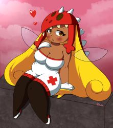 Rule 34 | 1girl, arm support, artist name, black pantyhose, blonde hair, blush, breasts, brown eyes, cleavage, cross, cross print, dark-skinned female, dark skin, dress, edith up, fairy, fairy wings, gloves, hand on own chest, hat, heart, large breasts, long hair, looking at viewer, nurse, open mouth, pantyhose, pokumii, print dress, rayman, rayman origins, red cross, red headwear, shoes, sitting, sleeveless, sleeveless dress, ubisoft, white dress, white footwear, white gloves, wings