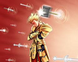 Rule 34 | 1boy, armor, blonde hair, earrings, failure, fate/stay night, fate (series), gate of babylon (fate), gilgamesh (fate), gradient background, hammer, jewelry, male focus, parody, short hair, solo, sword, tk8d32, weapon