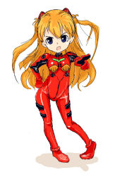 Rule 34 | 1girl, :o, artist request, bodysuit, breasts, brown hair, chibi, full body, hand on own hip, index finger raised, interface headset, long hair, looking at viewer, neon genesis evangelion, plugsuit, red bodysuit, shiny clothes, simple background, small breasts, solo, souryuu asuka langley, tsundere, twintails, two side up, white background