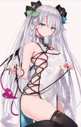 Rule 34 | 1girl, bare arms, bare shoulders, black thighhighs, blue eyes, bow, braid, breasts, china dress, chinese clothes, cleavage, closed mouth, demon tail, demon wings, dress, earrings, floral print, green eyes, hair bow, heterochromia, holding, jewelry, long hair, looking at viewer, medium breasts, multicolored nails, nail polish, nanananana, no bra, no panties, original, pelvic curtain, silver hair, sleeveless, sleeveless dress, sleeveless turtleneck, solo, tail, thighhighs, thighs, turtleneck, twin braids, very long hair, white dress, wings