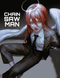 Rule 34 | 1boy, angel, angel devil (chainsaw man), angel wings, black neckwear, black pants, black suit, business suit, chainsaw man, dress shirt, eyelashes, eyes visible through hair, feathered wings, formal, grey eyes, hair between eyes, halo, highres, jacket, k041800, looking at viewer, medium hair, neckwear request, open mouth, orange hair, pants, shadow, shirt, simple background, sitting, solo, suit, trap, white shirt, white wings, wings