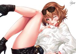 Rule 34 | 1girl, anchor, artist name, black footwear, blush, boots, breasts, brown hair, eyewear on head, finger to mouth, from side, gloves, green eyes, grin, hair between eyes, heart, high heels, kantai collection, large breasts, leg up, lips, long sleeves, looking at viewer, lying, mutsu (kancolle), on back, one eye closed, ribbed sweater, sakiyamama, short hair, simple background, smile, solo, sunglasses, sweater, thighhighs, white background, white sweater