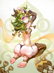 Rule 34 | 1girl, ass, bare shoulders, blush, breasts, bridal gauntlets, collei (genshin impact), detached sleeves, from behind, genshin impact, green hair, highres, long hair, looking at viewer, looking back, medium breasts, open mouth, purple eyes, scarf, seiza, shiny clothes, shiny skin, sideboob, sitting, solo, strapless, thighhighs, thong, toeless footwear, toes, tube top, yeougui