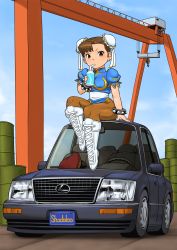 Rule 34 | 1girl, blue dress, boots, bracelet, brown eyes, brown hair, brown pantyhose, bun cover, can, capcom, car, chibi, china dress, chinese clothes, chun-li, commentary request, crane (machine), cross-laced footwear, cup, disposable cup, dock, double bun, dress, drink can, drinking, drinking straw, drum (container), full body, hair bun, highres, jewelry, lace-up boots, lexus, lexus ls400, license plate, looking at viewer, motor vehicle, on vehicle, outdoors, pantyhose, pelvic curtain, puffy short sleeves, puffy sleeves, sash, shigenobu, short hair, short sleeves, sitting, soda can, solo, spiked bracelet, spikes, street fighter, vehicle focus, white footwear, white sash