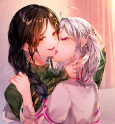 Rule 34 | 2girls, absurdres, ahoge, bad id, bad pixiv id, bite mark, blush, braid, brown hair, commentary, grey hair, hair ornament, hand on another&#039;s head, hand on another&#039;s neck, highres, huge filesize, licking, long hair, long sleeves, mizuki fua, mole, mole under eye, multiple girls, nijisanji, open mouth, orange eyes, parted bangs, pink eyes, ribbed sweater, shirayuki tomoe, short sleeves, sleeves past wrists, sukoya kana, sweater, symbol-only commentary, teeth, tongue, tongue out, virtual youtuber, yuri
