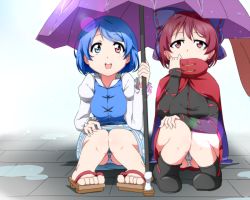 Rule 34 | 2girls, blue eyes, blue hair, boots, bow, bwell, cape, covered mouth, feet, female focus, geta, hair bow, heterochromia, juliet sleeves, karakasa obake, knees together feet apart, long sleeves, multiple girls, open mouth, panties, pantyshot, puddle, puffy sleeves, rain, red eyes, red hair, sekibanki, shared umbrella, shirt, side-by-side, skirt, smile, squatting, striped clothes, striped panties, tatara kogasa, tile floor, tiles, toes, tongue, touhou, umbrella, underwear, upskirt, vest, white panties