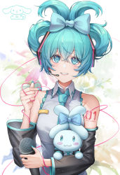 Rule 34 | 1girl, :3, absurdres, alternate hairstyle, aqua bow, aqua eyes, aqua hair, aqua nails, aqua necktie, arm tattoo, bare shoulders, black sleeves, blush, blush stickers, borrowed hairstyle, bow, character name, cinnamiku, cinnamoroll, collared shirt, crossed bangs, detached sleeves, ear bow, facial tattoo, folded twintails, frilled shirt, frills, grin, hair between eyes, hair bow, hair up, hatsune miku, headset, heart, heart tattoo, highres, holding, holding microphone, long sleeves, looking at viewer, microphone, nail polish, necktie, number tattoo, parted lips, sanrio, shirt, sleeveless, sleeveless shirt, smile, solo, string, tattoo, teeth, updo, upper body, vocaloid, wide sleeves, yf (hbyg)