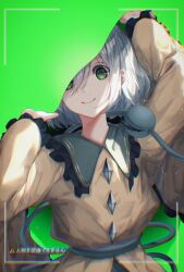 Rule 34 | 1girl, absurdres, buttons, closed mouth, collared shirt, commentary request, diamond button, frilled shirt collar, frilled sleeves, frills, green eyes, grey hair, hair between eyes, highres, komeiji koishi, long sleeves, looking at viewer, shirt, short hair, smile, solo, third eye, toku kekakewanko, touhou, wide sleeves, yellow shirt