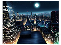 Rule 34 | black sky, building, city, city lights, cityscape, commentary request, full moon, hariken, moon, night, original, river, scenery, sky, skyscraper, star (sky), starry sky, tower