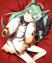 Rule 34 | 1girl, :3, :d, ahoge, akashi (azur lane), animal ears, azur lane, bell, black bow, black sailor collar, blush, bow, cat ears, choker, dress, feet out of frame, green hair, hair bow, hair ornament, hairclip, jingle bell, long hair, long sleeves, looking at viewer, lying, neck bell, on back, open mouth, red bow, red choker, sailor collar, sailor dress, sleeves past fingers, sleeves past wrists, slit pupils, smile, socks, solo, sparkle, supershiruco, twitter username, very long hair, very long sleeves, white dress, white socks, yellow eyes