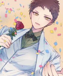 Rule 34 | 1boy, bow, bowtie, brown background, brown eyes, brown hair, collared shirt, commentary request, confetti, danganronpa (series), danganronpa 10th anniversary costume, danganronpa 2: goodbye despair, dutch angle, flower, green neckwear, green shirt, highres, hinata hajime, holding, holding flower, jacket, long sleeves, looking at viewer, male focus, necktie, official alternate costume, open mouth, red flower, red rose, rose, shirt, short hair, sketch, smile, solo, upper body, vest, white jacket, white vest, zhi (oriin 01)
