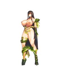 Rule 34 | 1girl, black hair, blunt bangs, blush, boots, breasts, bridal gauntlets, embarrassed, feet, female focus, folding fan, full body, functionally nude, game cg, green eyes, groin, hand fan, highres, holding, holding fan, huge breasts, legs, long hair, looking at viewer, melon22, nipples, no panties, original, parted lips, pasties, solo, standing, thighs, torn clothes, transparent background, very long hair