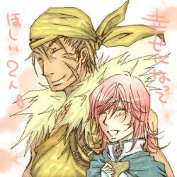 Rule 34 | 1boy, 1girl, belzac, brown hair, cape, collar, durag, gold clothes, lowres, pink hair, scar, shirley (dragoon), smile, tall, the legend of dragoon