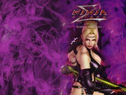 Rule 34 | 1girl, armor, bare shoulders, blonde hair, blue eyes, breasts, cleavage, earrings, elbow gloves, fighting stance, gloves, hammer, headband, jewelry, large breasts, leather, lipstick, makeup, ninja gaiden, ninja gaiden sigma, official art, official wallpaper, rachel (ninja gaiden), solo, tecmo, tiara, wallpaper, weapon