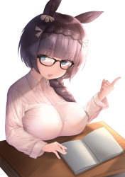 Rule 34 | 1girl, alternate costume, bad id, bad pixiv id, black hair, blue eyes, book, braid, breast rest, breasts, cleavage, commentary request, desk, glasses, highres, horse girl, large breasts, long braid, long hair, looking at viewer, open mouth, side braid, simple background, solo, umamusume, user xdfp5788, white background, zenno rob roy (umamusume)
