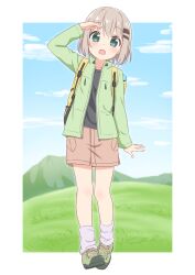 Rule 34 | 1girl, absurdres, arm up, backpack, bag, black shirt, blush, boots, cloud, collarbone, day, dot nose, female focus, full body, green eyes, green jacket, grey hair, hair ornament, hairclip, highres, hiking boots, hiking outfit, jacket, long sleeves, looking at viewer, medium hair, miniskirt, mountain, open clothes, open jacket, open mouth, outdoors, scenery, shirt, skirt, sky, solo, standing, t-shirt, warukusu, yama no susume, yukimura aoi