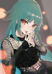 Rule 34 | 1girl, absurdres, alternate costume, black shirt, blush, camisole, colored inner hair, crop top, fingers together, fishnets, green hair, highres, kitakoji hisui, long hair, looking at viewer, multicolored hair, nail polish, nijisanji, parted lips, pre sktch, purple nails, shirt, sleeves past wrists, smile, solo, very long hair, virtual youtuber, yellow eyes