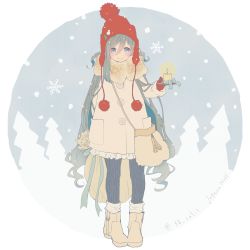 Rule 34 | 10s, 1girl, alternate costume, arm behind back, bag, blue hair, blush, boots, candle, coat, colis, commentary request, gloves, grey eyes, grey hair, hair between eyes, kantai collection, kiyoshimo (kancolle), knit hat, long hair, looking at viewer, merry christmas, multicolored hair, sack, shoulder bag, smile, snowflakes, snowing, solo, stole, twitter username, very long hair, winter clothes